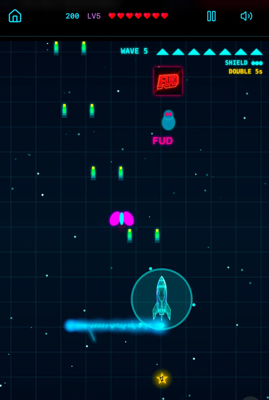 Retro Defender gameplay — Wave 5, FUD enemies, shield and double-score power-ups
